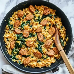 Skillet of orzo pasta with spicy sausage and wilted spinach on marble.