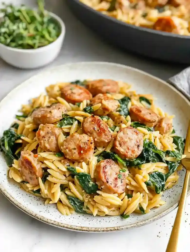 Plate of chicken sausage orzo with spinach, fork beside, skillet in background.