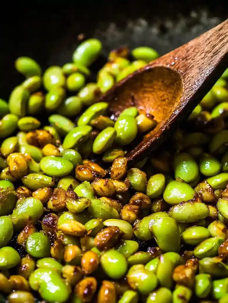 Sautéed green edamame in a cast iron skillet on marble surface.
