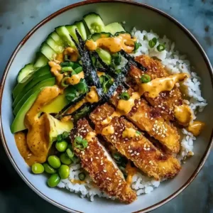 Bowl of chicken katsu with avocado, cucumber, edamame, and spicy mayo.