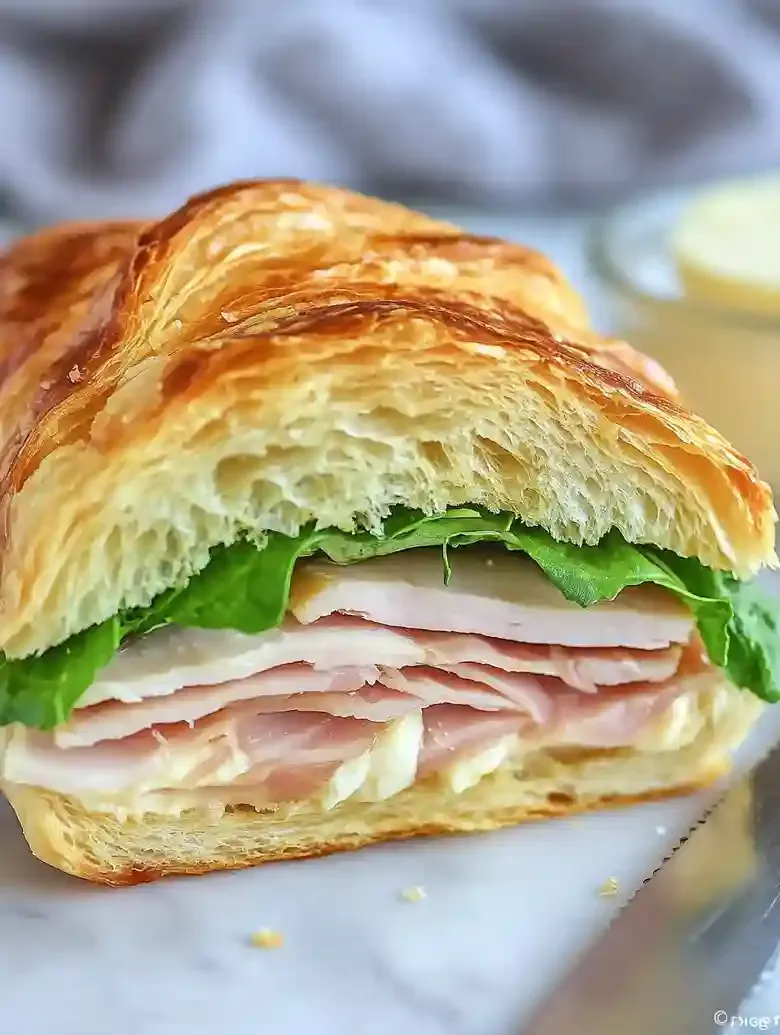 Flaky croissant sandwich with smoked turkey, lettuce, and Havarti cheese.