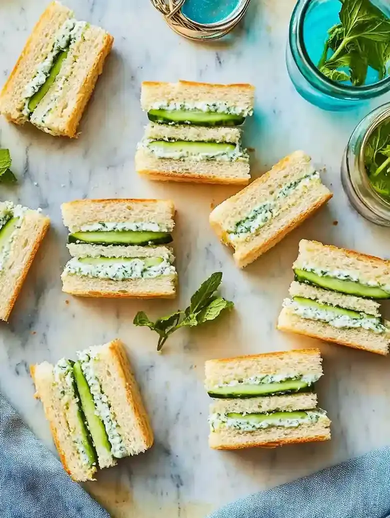 Cucumber tea sandwiches on a marble surface with drinks and a napkin.