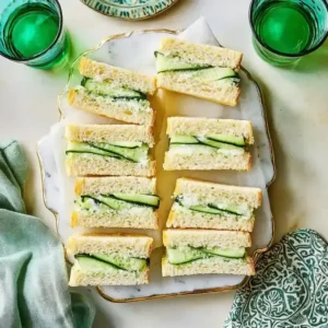 Cucumber tea sandwiches on a marble surface, with green tumblers nearby.