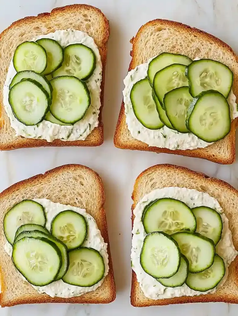Four sandwich bread slices on marble, two topped with fresh cucumber.