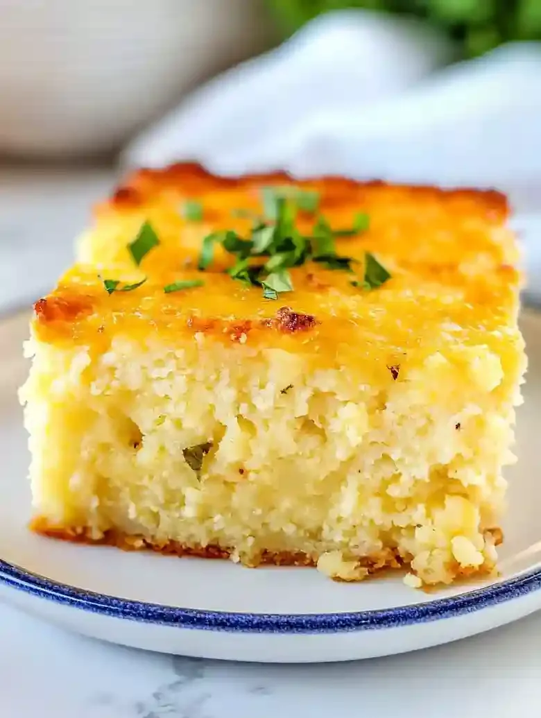 Baked dish on white plate with blue rim, garnished with herbs.
