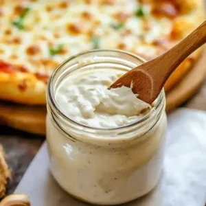 Glass jar with sauce and wooden spoon, pizza in background on marble.
