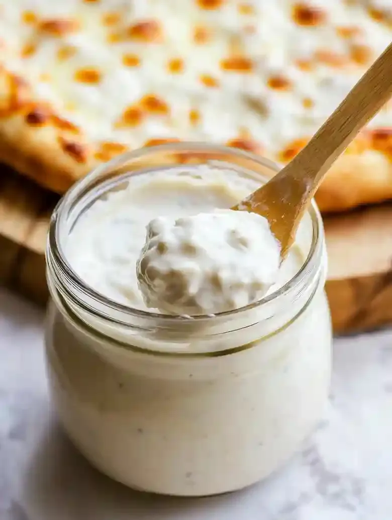 Glass jar of white sauce with wooden spoon next to a pizza.