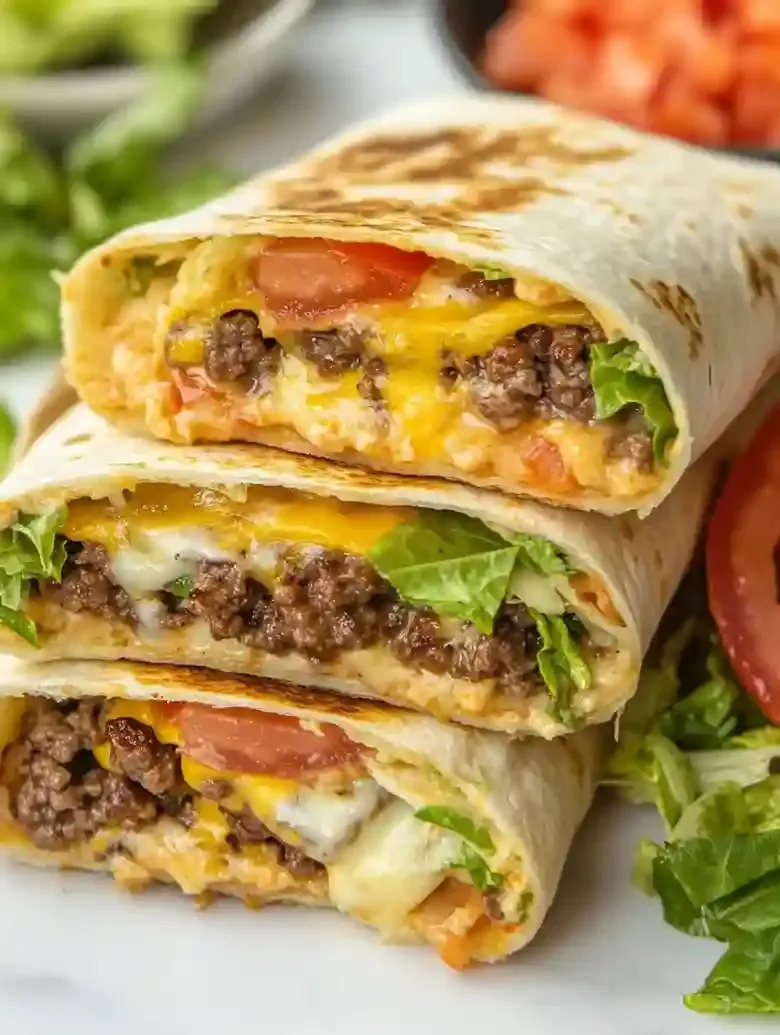 Grilled cheeseburger wraps with ground beef, cheese, and fresh vegetables.