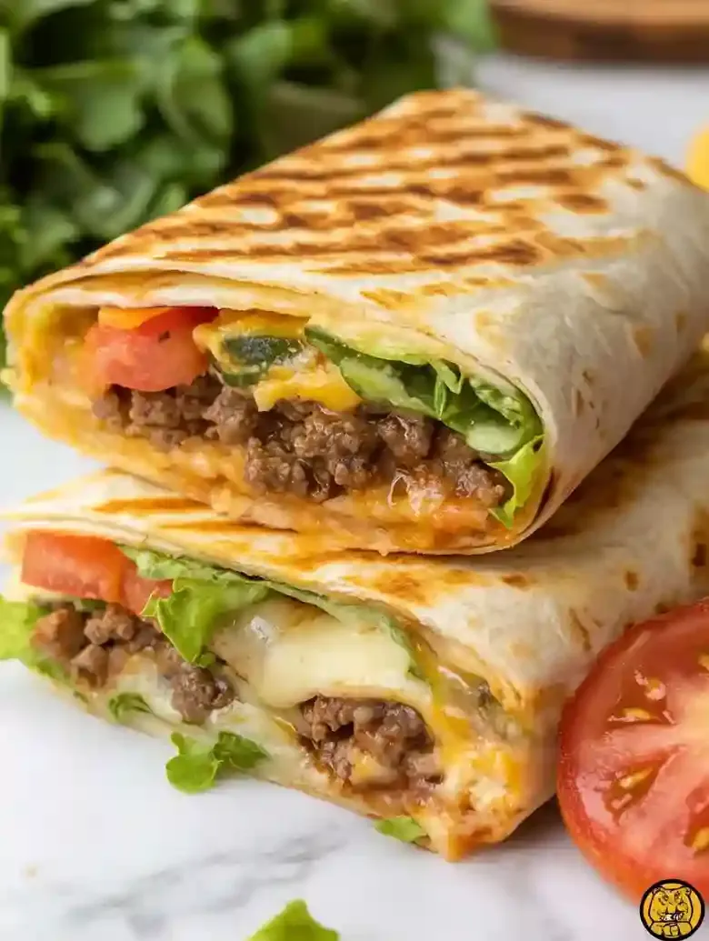Stack of grilled wraps with beef, cheese, lettuce, and tomato on marble.