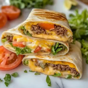 Stacked grilled cheeseburger wraps with melted cheese, tomatoes, and lettuce.