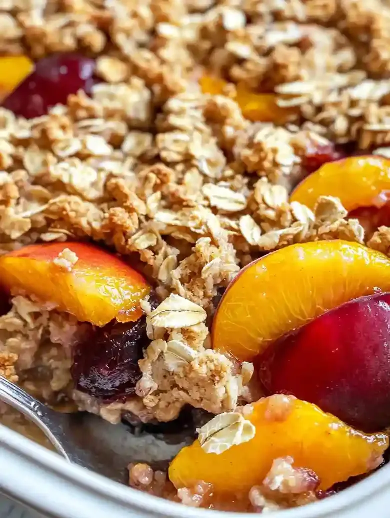Baked peach and plum crumble on marble surface, spoon beside dish.