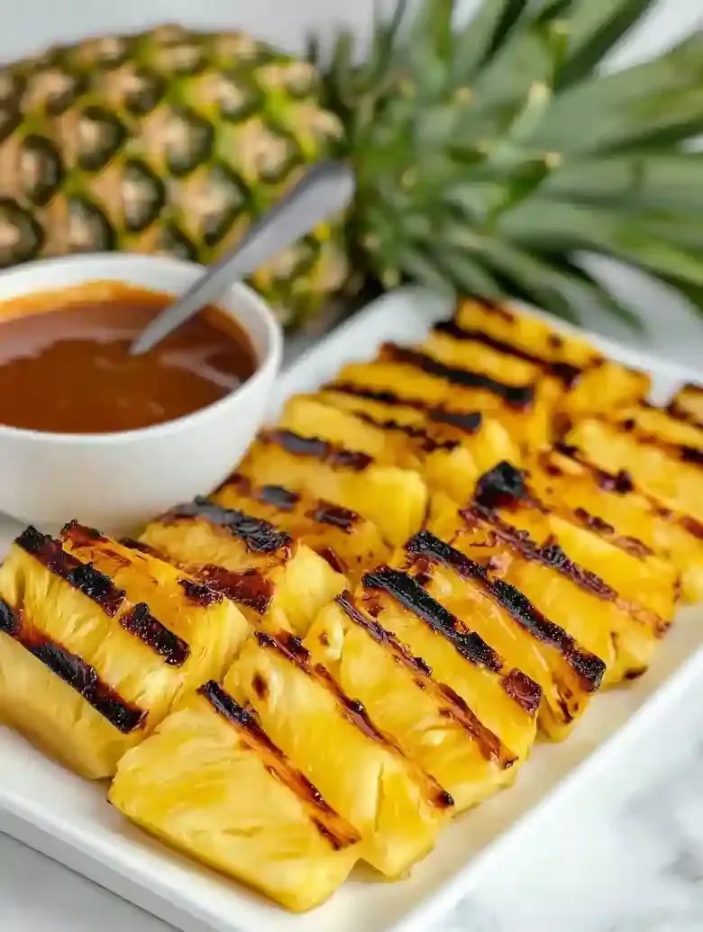 Grilled pineapple spears on a dish, with dark sauce and whole pineapple.