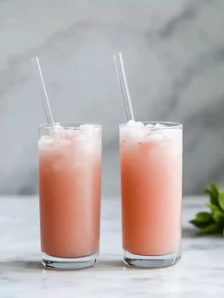 Two tall glasses of iced guava passionfruit drink on marble surface.