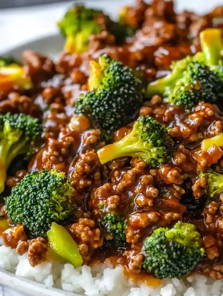 Broccoli and ground beef in honey garlic sauce on marble surface.