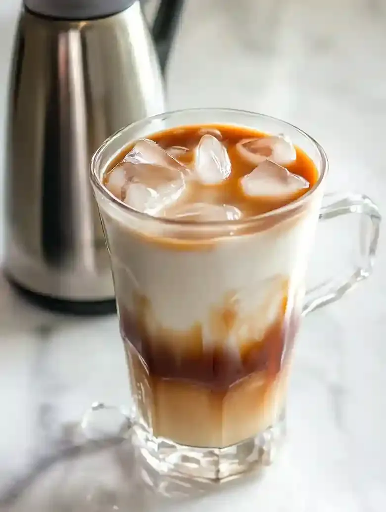 Iced caramel macchiato in glass cup with caramel drizzle and ice cubes.
