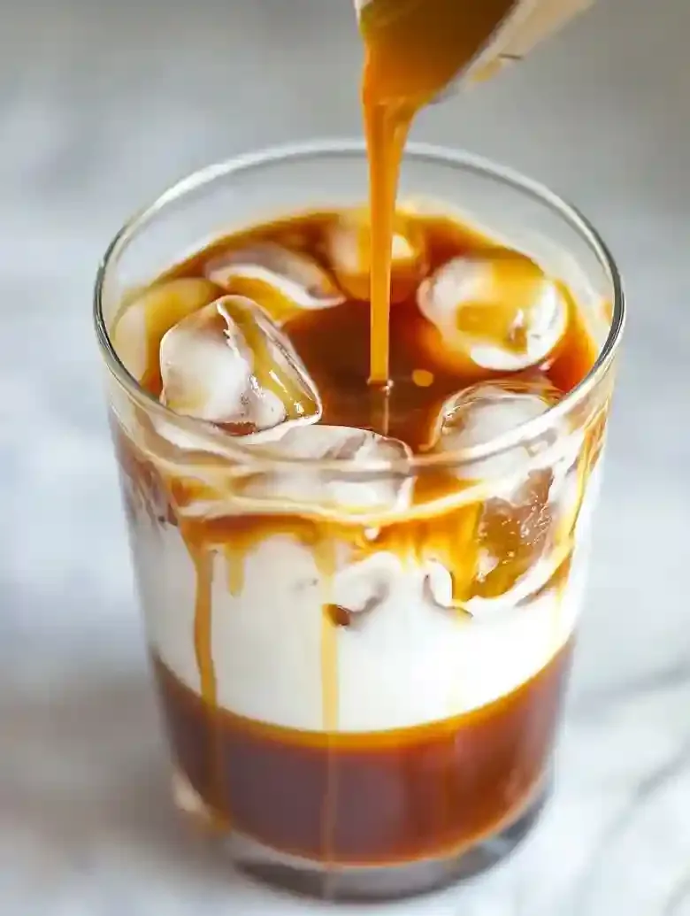 Layered drink with milk, espresso, and caramel on a marble surface.