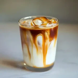 Iced espresso layered with milk, caramel drizzle, and visible ice cubes.