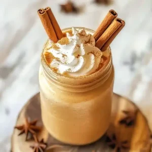 Iced pumpkin spice latte with whipped cream and cinnamon sticks in jar.