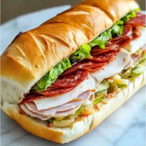 Italian sub sandwich with salami, turkey, cheese, and fresh toppings.