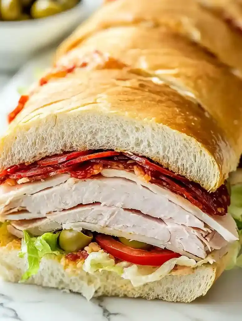 Italian sub sandwich with meats, cheese, and fresh toppings on marble.
