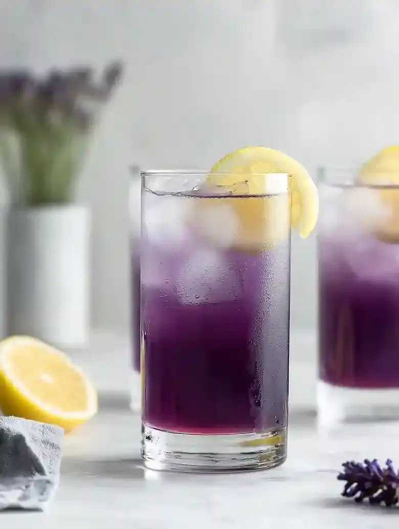 Vibrant lavender cocktail in tall glasses with lemon garnish on marble.