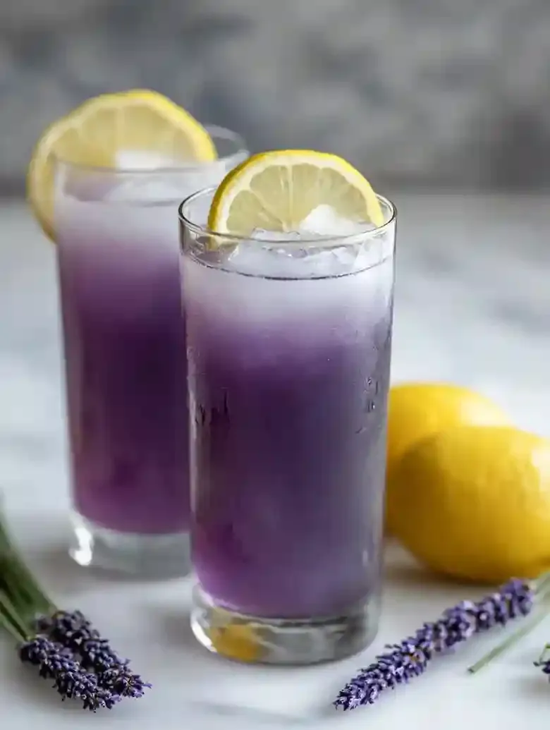Two glasses of purple cocktail with lemon slices and lavender sprig.