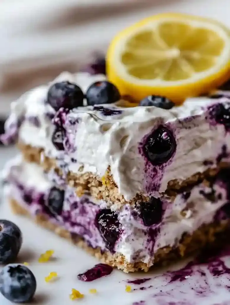 Vegan layered dessert with blueberries, lemon slices, and graham cracker layers.