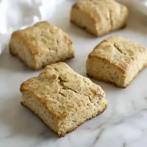Freshly baked lemon poppy seed biscuits on white marble surface.