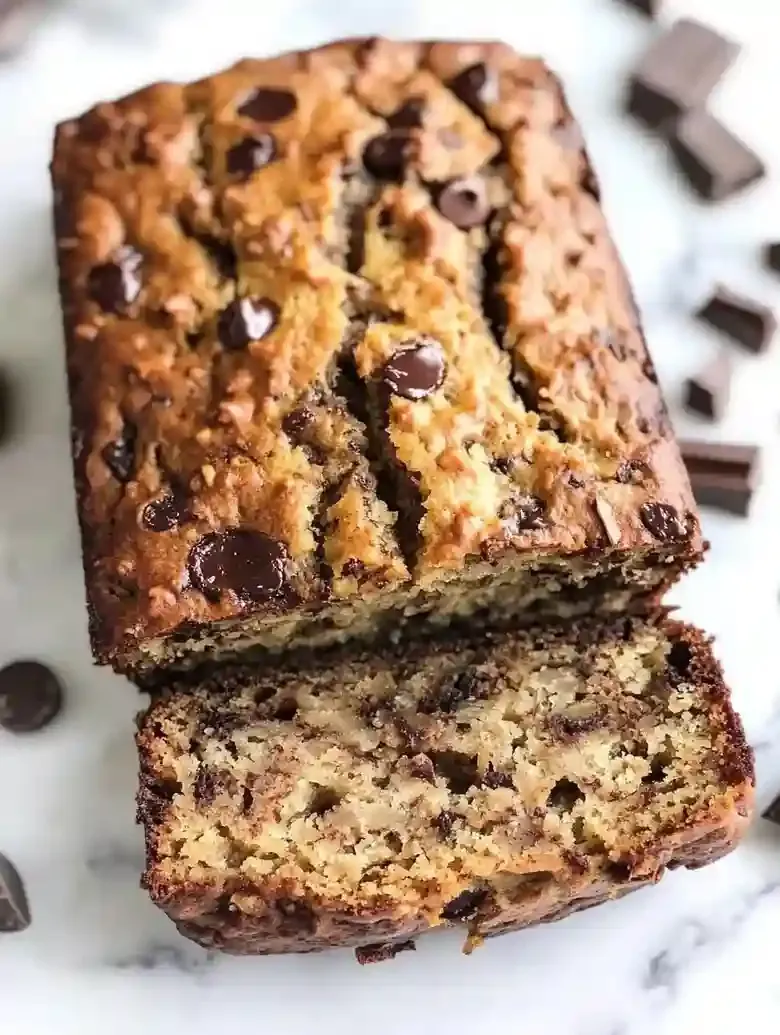 Sliced whole grain banana bread with chocolate chips on marble surface.