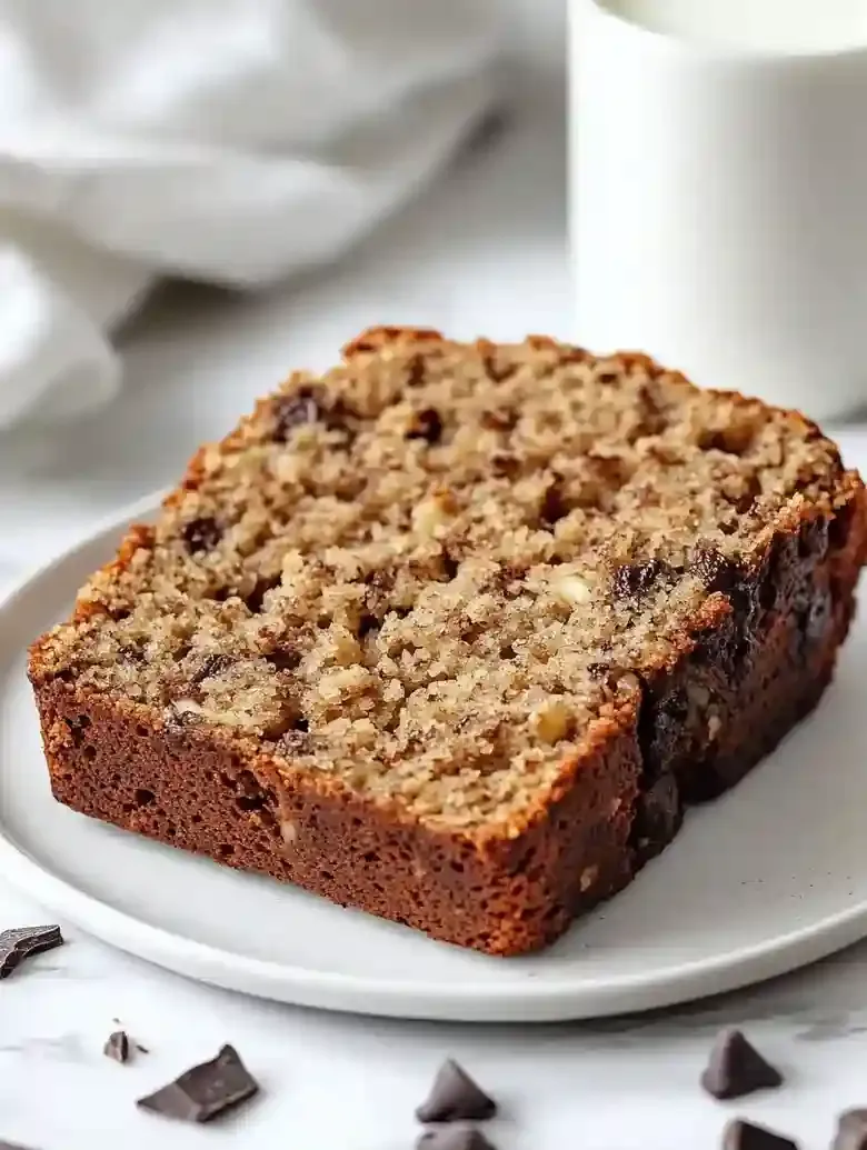 Whole grain banana bread slice with chocolate chips on a white plate.