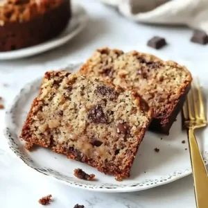 Two slices of whole grain banana bread with chocolate chips on a plate.