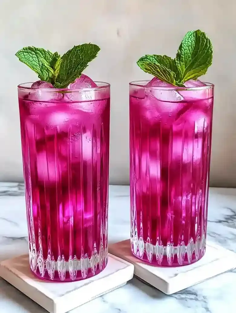 Tall glasses of vibrant beverage with ice and mint, on marble surface.