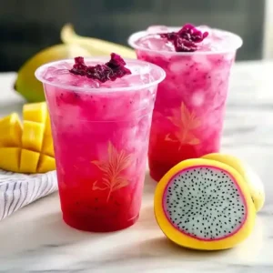 Two cups of vibrant mango dragonfruit refresher with ice and garnishes.