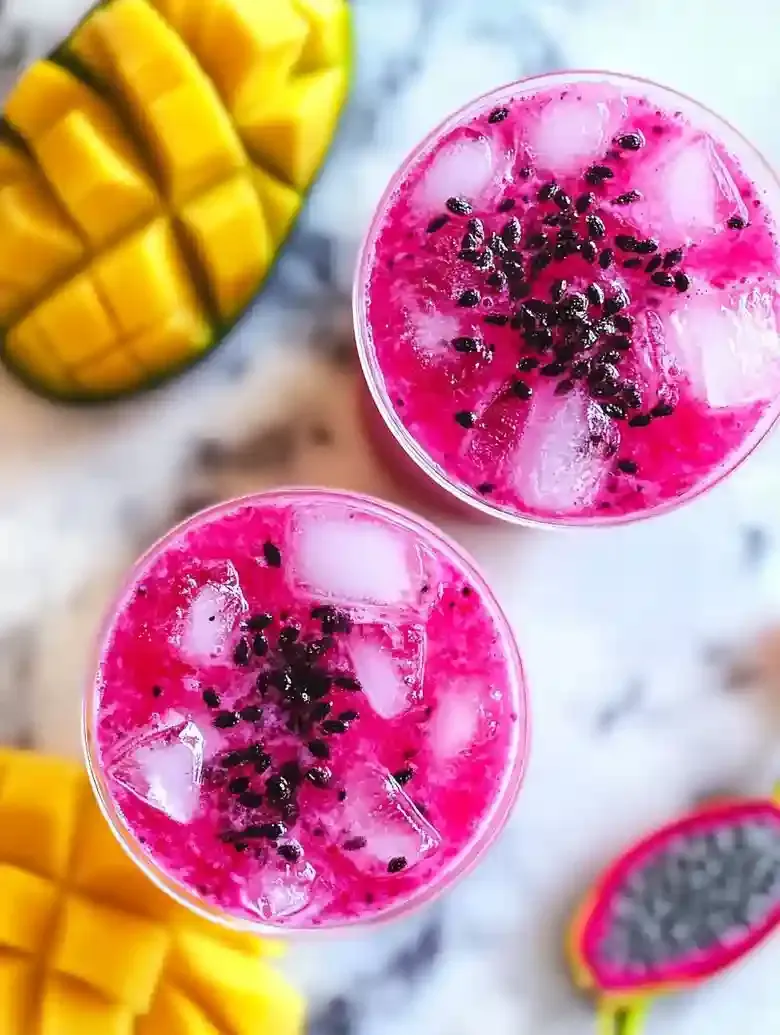 Two cups of vibrant dragon fruit beverages with ice and mango slices.