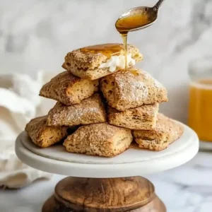 Stack of flaky biscuits with syrup on white cake stand against marble backdrop.