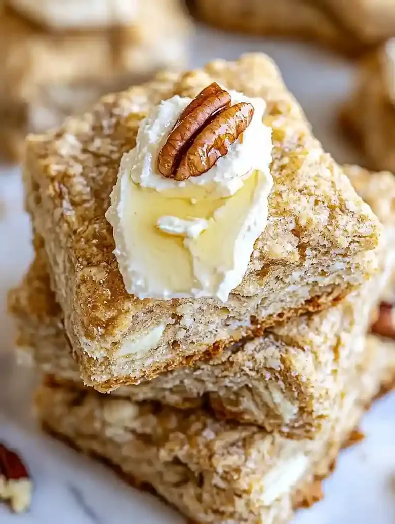 Stack of golden-brown rectangular biscuits topped with syrup and pecans.