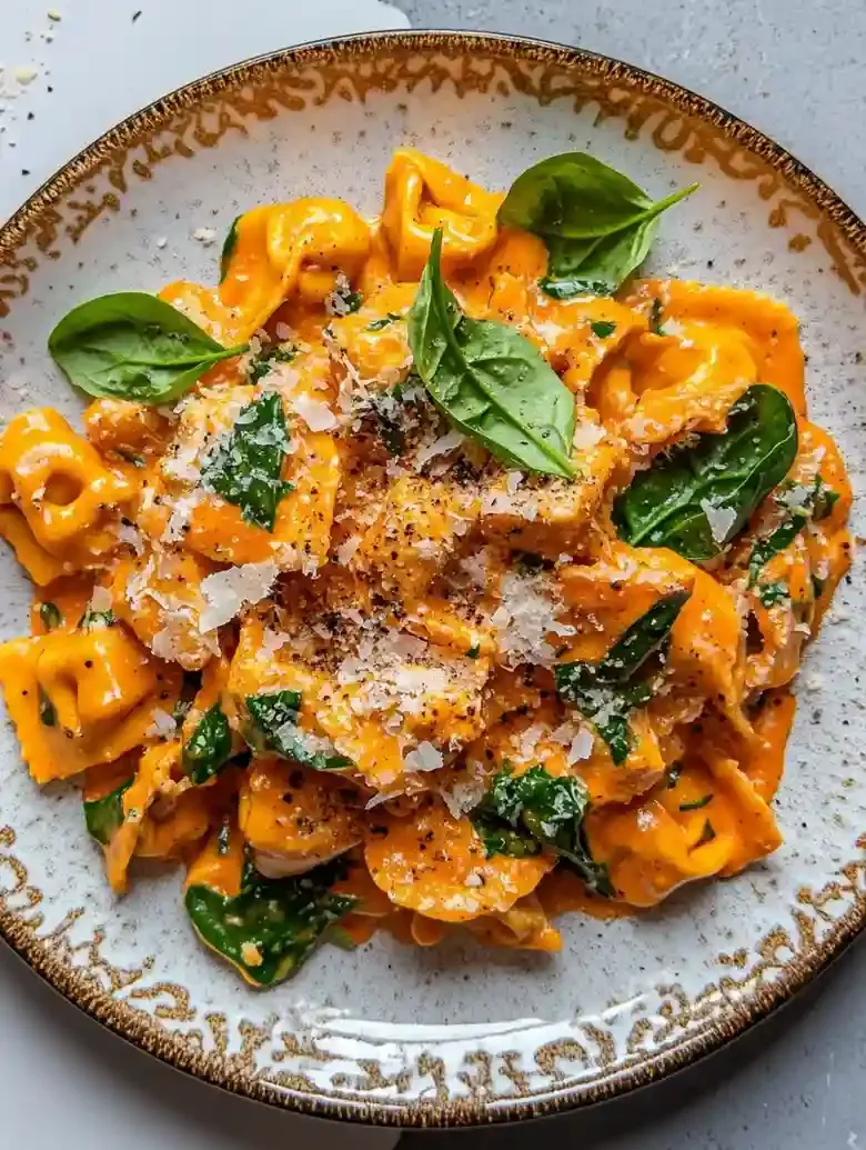 Orange cheese tortellini in tomato sauce, garnished with spinach and Parmesan.