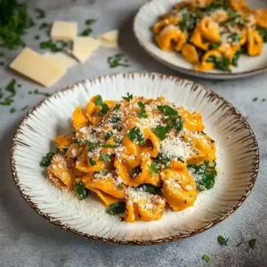 Cheese tortellini in orange sauce, spinach, and Parmesan on a plate.