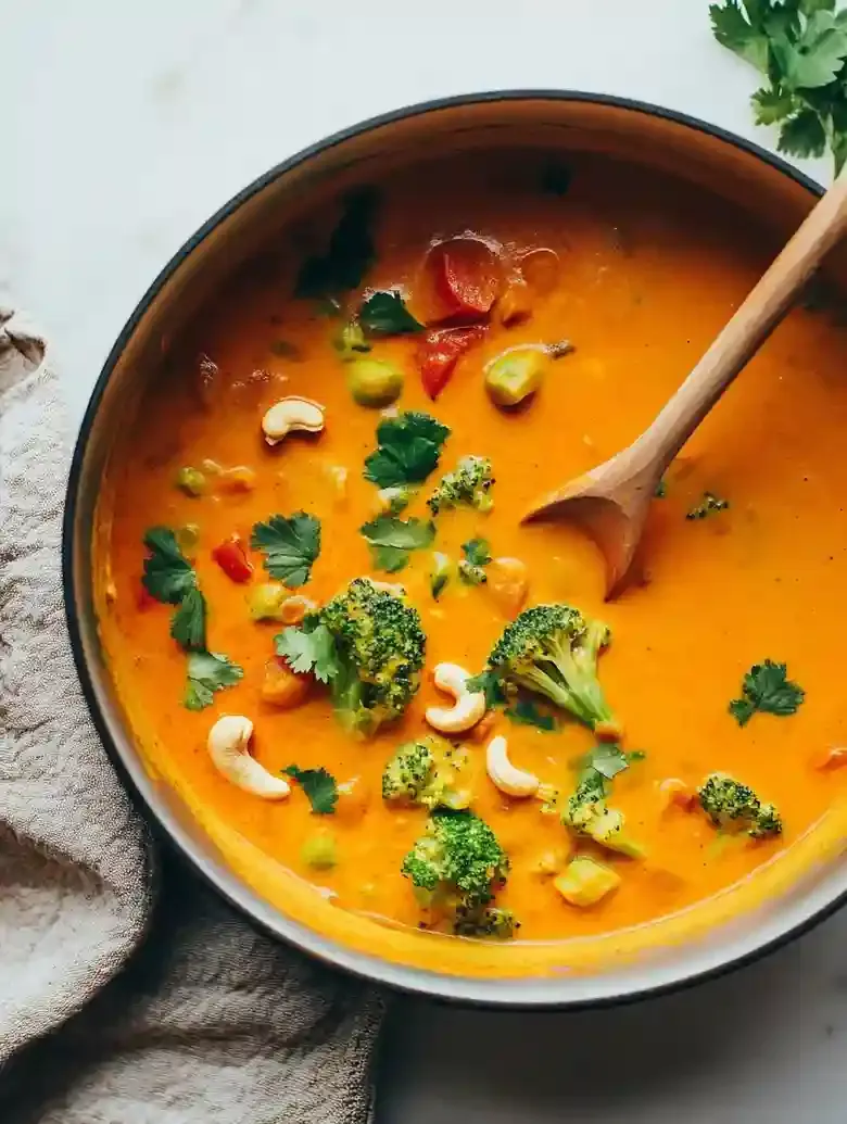 Large pot of yellow curry with pumpkin, broccoli, cilantro, and cashews.