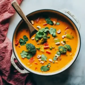 Large pot of yellow pumpkin curry with broccoli and bell pepper on marble.