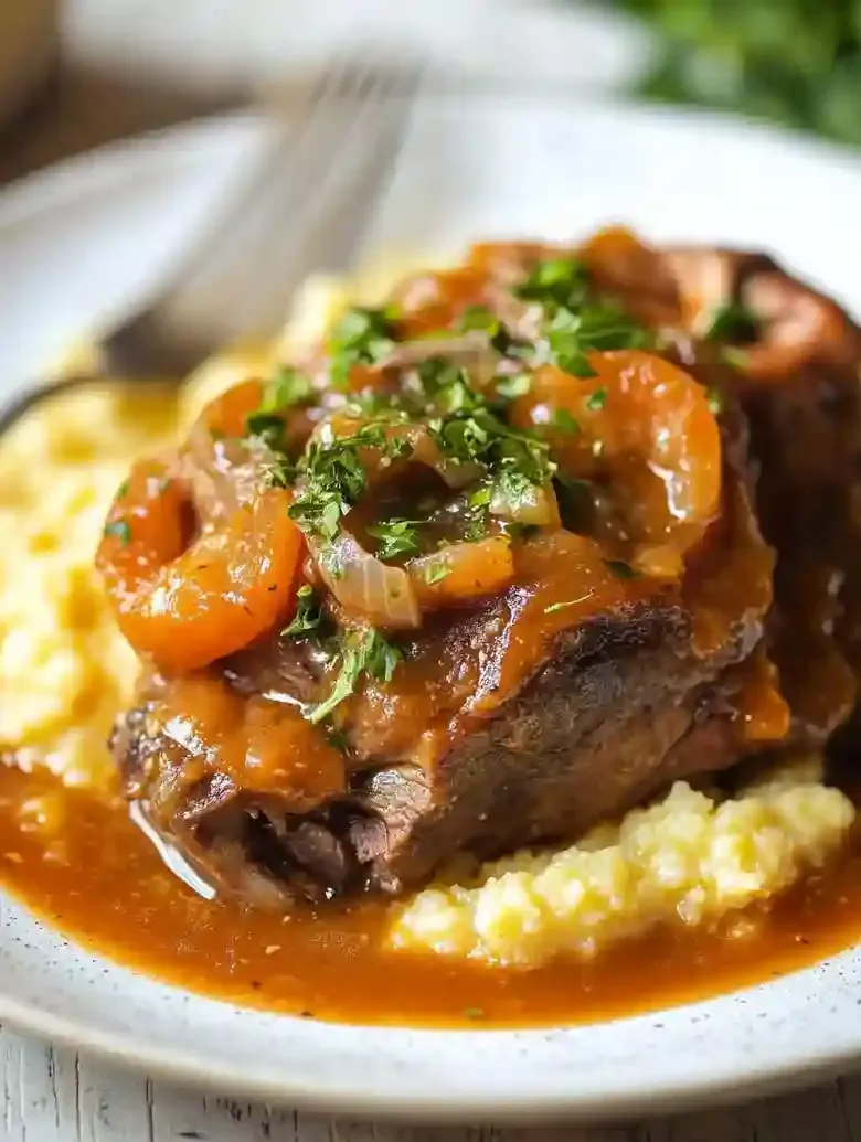 Ossobuco Milanese served with gremolata and polenta on a marble surface.