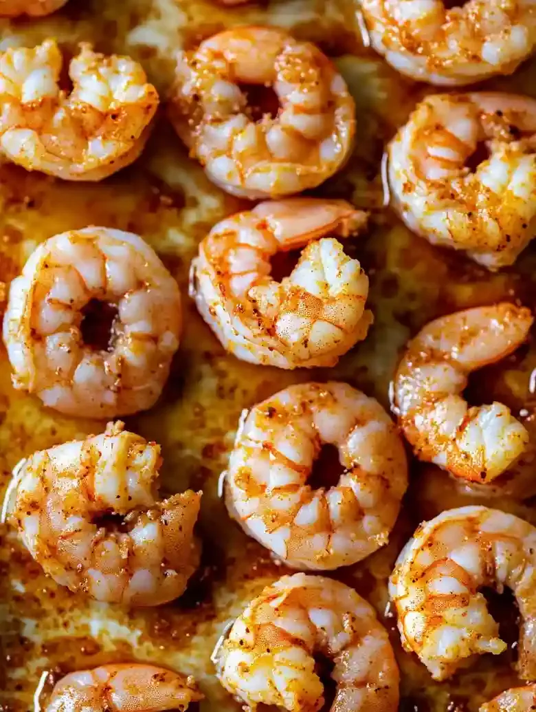 Raw, seasoned shrimp in varied colors on a white marble surface.