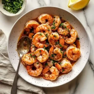 Seasoned shrimp in a white bowl, garnished with herbs and a lemon wedge.