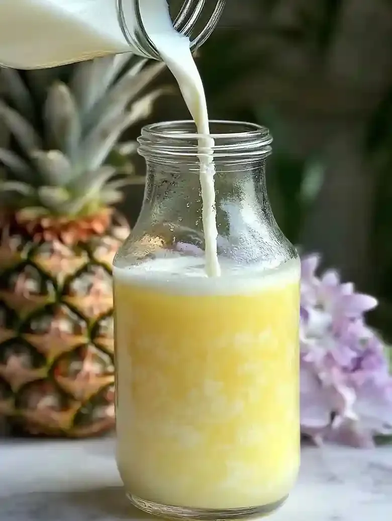 Bright yellow juice and coconut milk in a glass bottle with tropical accents.