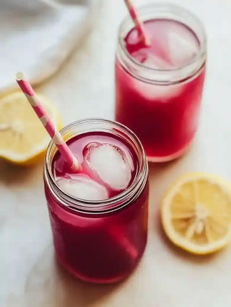 Two glass jars with colorful drinks, ice cubes, and lemon slices on marble.
