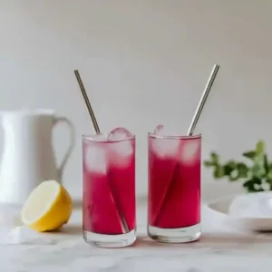 Two gradient glasses with vibrant drinks, lemon, and ice on marble surface.
