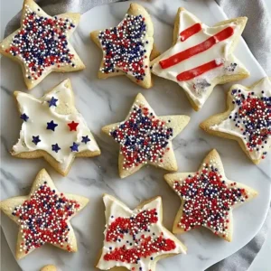 Star-shaped cookies with frosting and red, white, and blue sprinkles on marble.