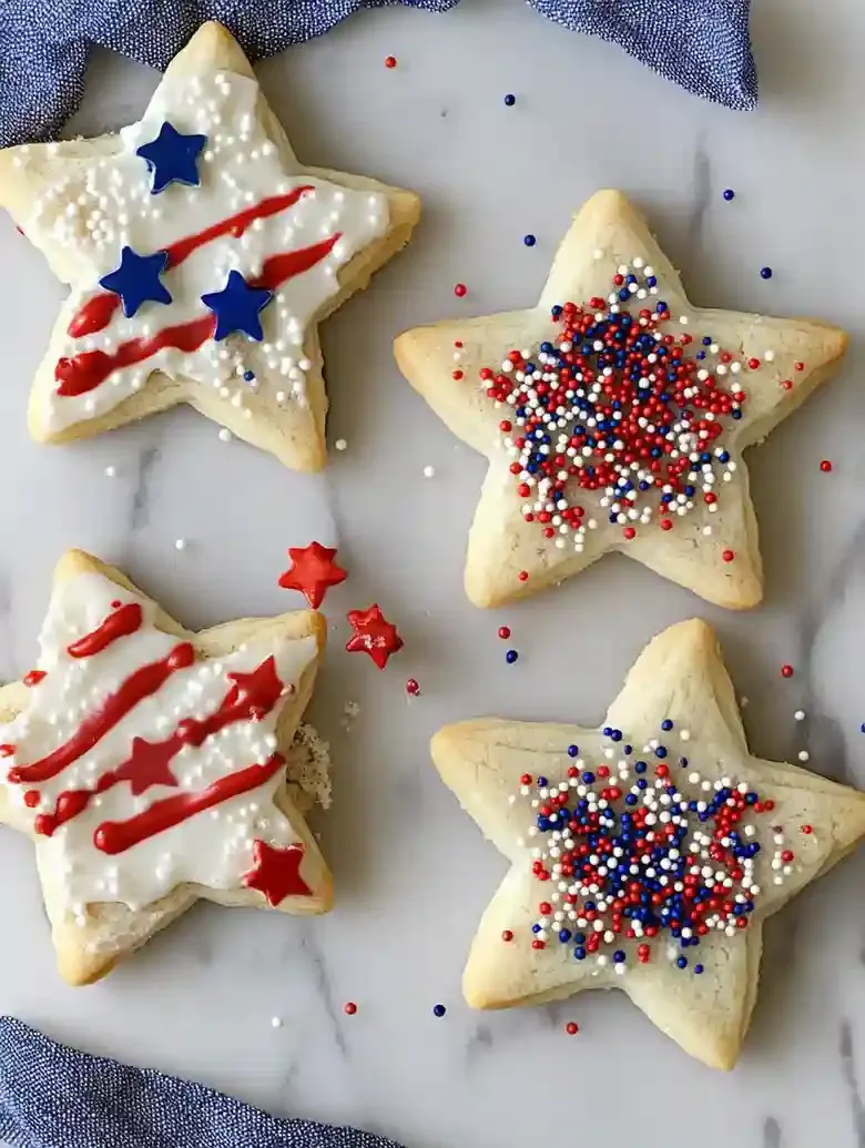Five star-shaped cookies with colorful sprinkles on a marble surface.