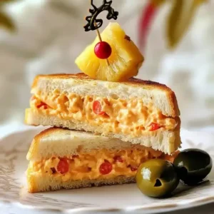 Pimento cheese sandwich cut in half with a toothpick garnish and pickles.