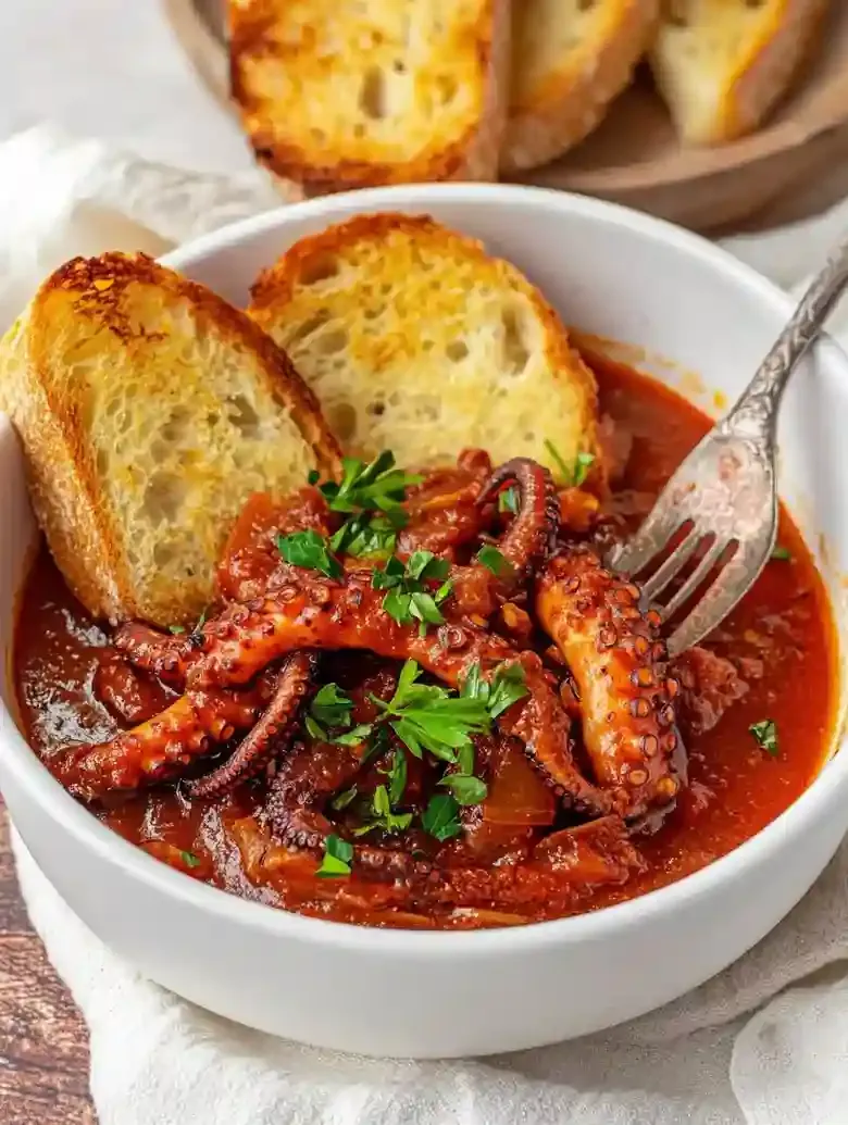 Bowl of baby octopuses in tomato sauce, with toasted bread and fork.